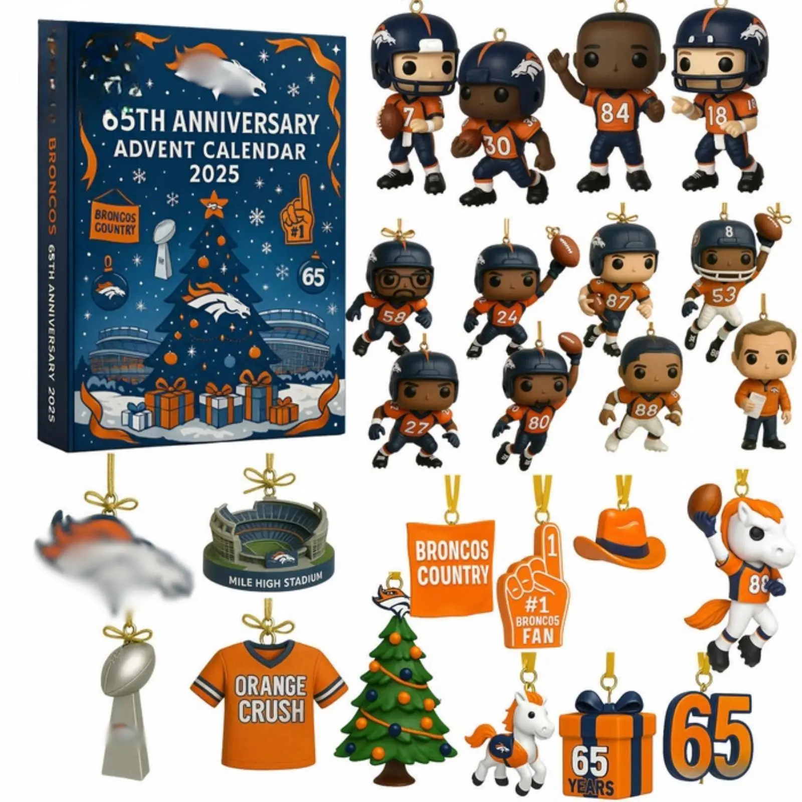 2D Acrylic 24 Day Advent Calendar 2025 Blind Box, Denver Pro Football Spirit Countdown Box, Orange & Blue Football Fan Inspired Holiday Countdown Gift Box with Festive Surprises