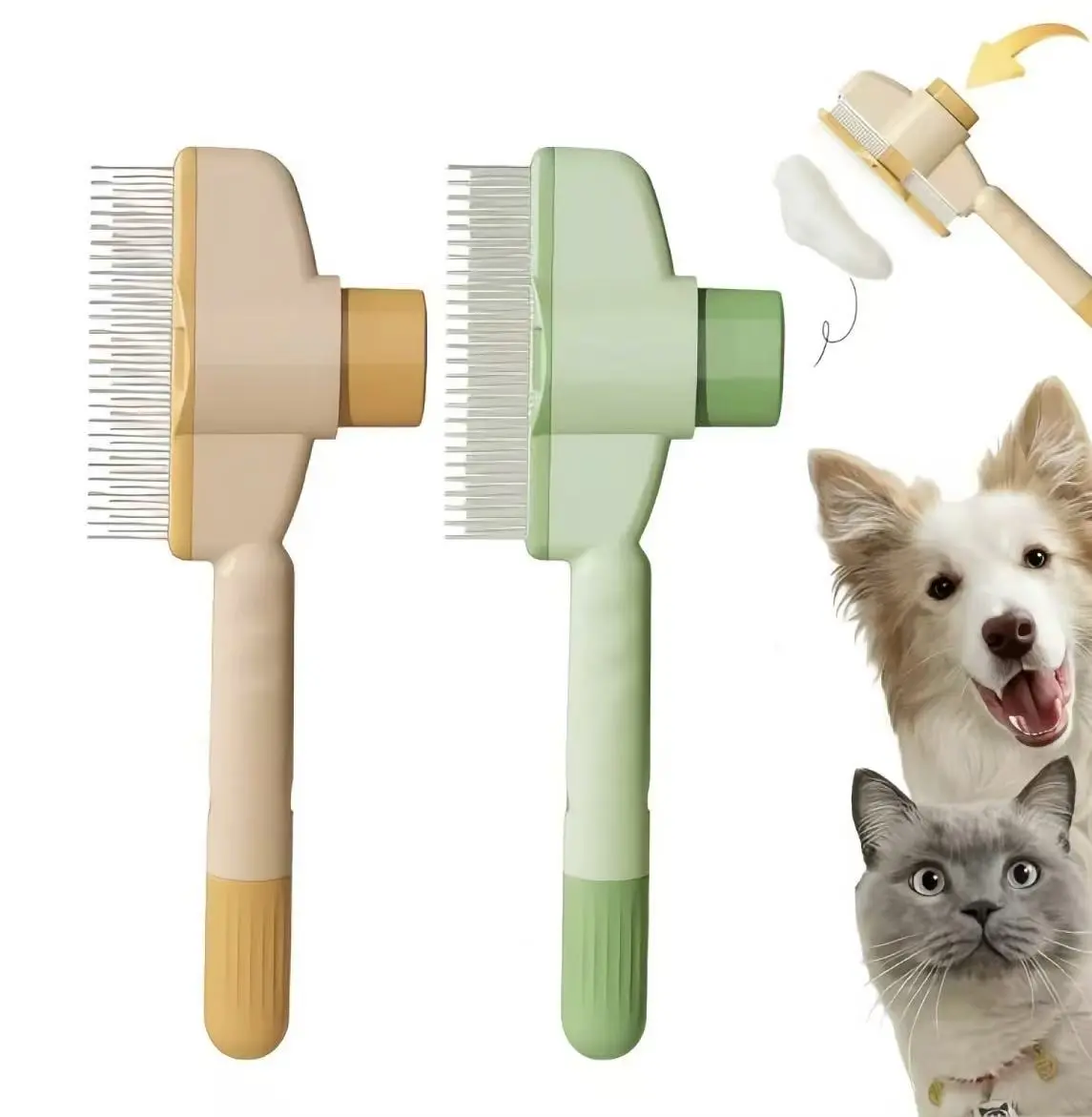 Plastic Pet Hair Removal & Flea Comb with Release Button - Deshedding Brush for Cats, Dogs, Short/Long Hair Grooming, Green & Yellow