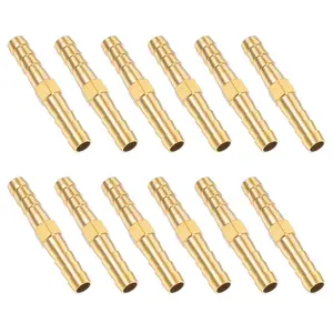 1/4 Inch Hose Barb Fitting, 12 Pcs Brass Splicer Mender Barbed Connector Air Hose Fittings Metal Air Line Repair Kit Garden Straight Watertight Hoses Connectors for Water, Fuel, Oil