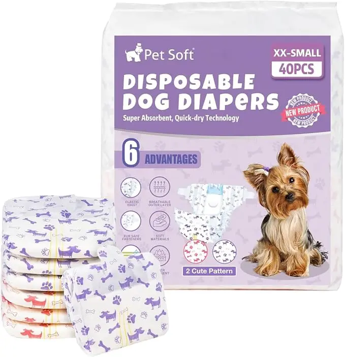 PET SOFT XXS (9″-14″) Disposable Female Dog Diapers, Soft Materials, Leak-Proof, Breathable, Super Absorbent with Wetness Indicator, Cute Mixed Prints, 40pcs for Travel & Incontinence, All-Season Daily Use