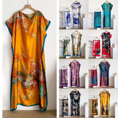 Women Print Cape Shawl & Scarf Set,Elegant Floral Print Short Sleeve Long Skirt with Scarf Loose Fitting Robes Dress