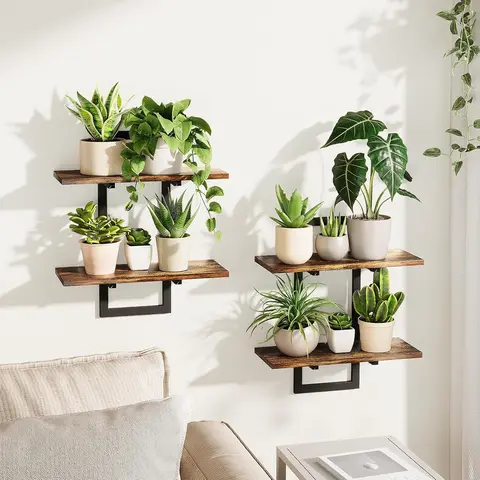 Bamworld 2-Pack Brown Wooden Wall Planters - Easy-to-Install Stylish Wall Plant Hangers, Floating Shelves, Indoor Holders, Aesthetic Home Decor Items, Decoration Items for Bedroom