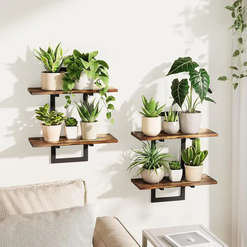 Bamworld 2-Pack Brown Wooden Wall Planters - Easy-to-Install Stylish Wall Plant Hangers, Floating Shelves, Indoor Holders, Aesthetic Home Decor Items, Decoration Items for Bedroom