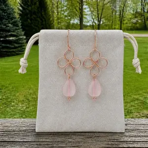 Copper Clover Earrings with Soft Pink Crystal Drops