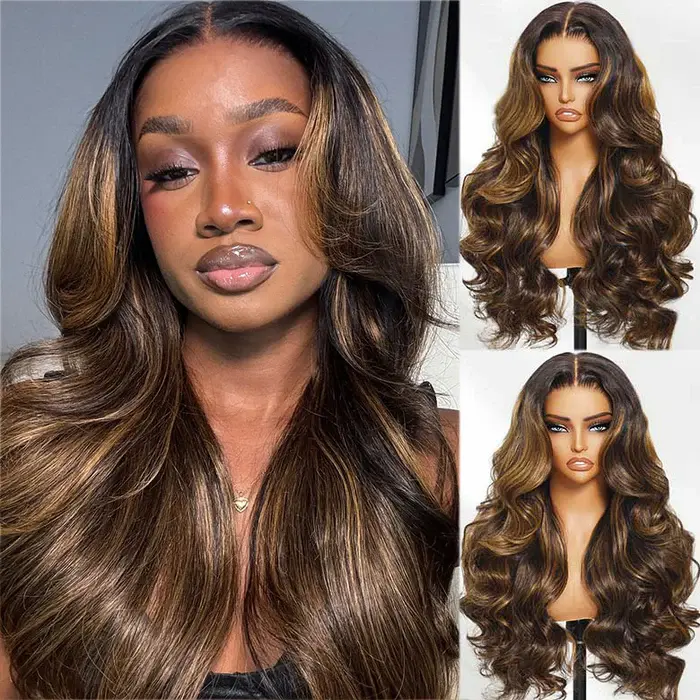Women's 100% Virgin Human Hair Thick 7x5 Lace Closure Wig - Klaiyi Ombre Brown Balayage Highlight Body Wave Wig, 16in-30in, Bleach-Friendly, with Upgraded Bye Bye Knots & New Drawstring