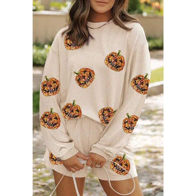 Women's 2-Piece Casual Cotton Lounge Outfits, Long Sleeve O-Neck Sequins Pumpkin/Santa Claus Pullover & Shorts Sets, Giftable Sports Outerwear Clothes (Tops & Pants Included), Pumpkin Sequins
