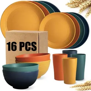 16-Piece Macaron-Colored Wheat Straw Dinnerware Set, Serves 4, Dishwasher Safe, Unbreakable & Crush-Resistant, Ideal for Indoor & Outdoor Dining, Picnics, RVs, Apartment Meals