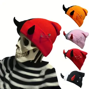 2pcs Unisex Devil Horns Hats with Metal Studs - Lightweight Warm Winter Skull Caps for Couples, Adjustable Drawstring Closure, Red/Black & Pink/White Color Options, Punk Gothic Accessories for Halloween & Costume Parties, Festive Headwear, Cozy Textured F