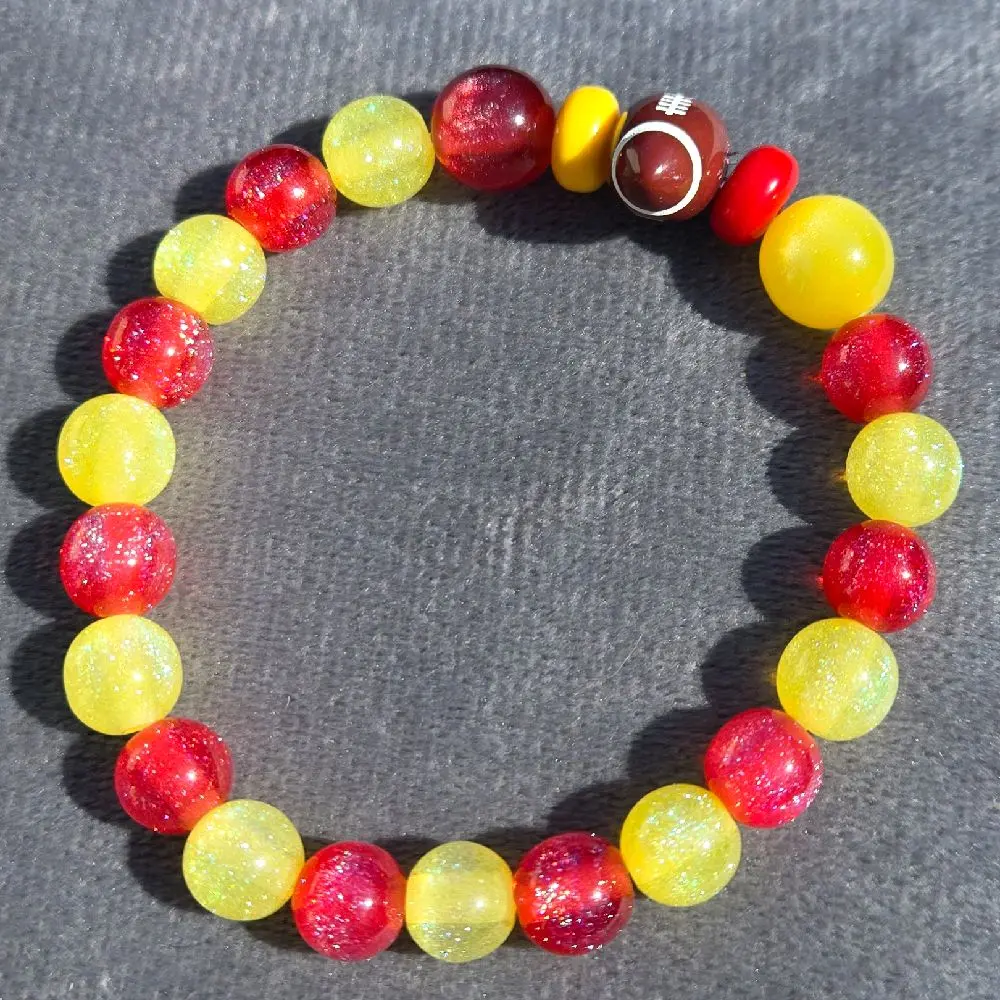 KC Chiefs Fans Sparkling Red and Yellow Beads Bracelet with Football Bead, Trendy Elegant Aesthetic Jewelry Accessory, Fashionable Bracelet