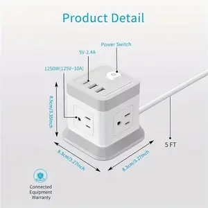 5 FT FDTEK Compact Portable Power Strip with USB - 4 Outlets and 3 USB Ports Desktop Charging Station - Overload Protection for Travel Home Office Cruise Ship