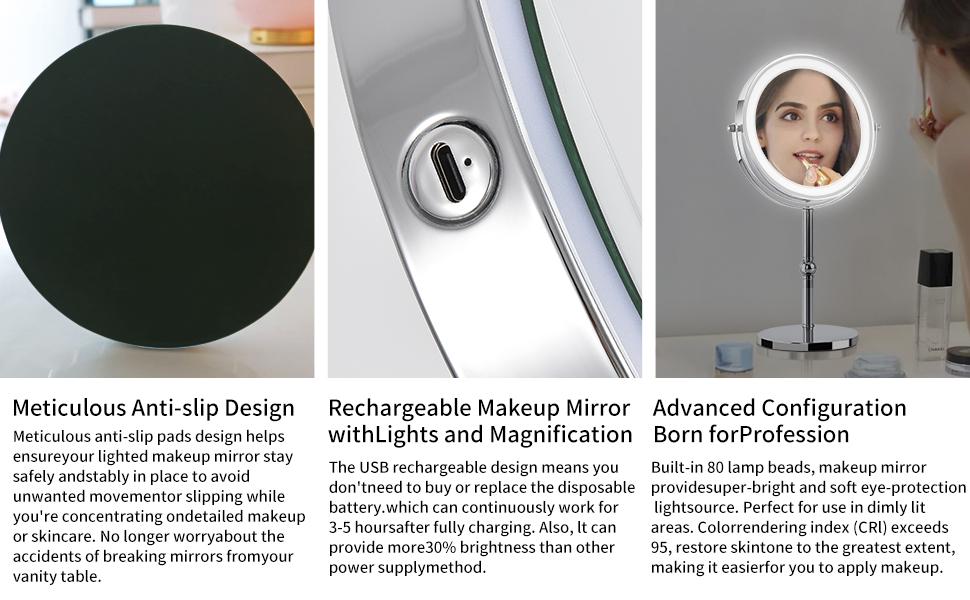Makeup Mirror 2000mAh Rechargeable Double-Sided Magnifying Vanity Mirror with  1X/10X 360° Rotation Adjustable Brightness Gifts for Mom Women Wife Girls Dorm Room Essential