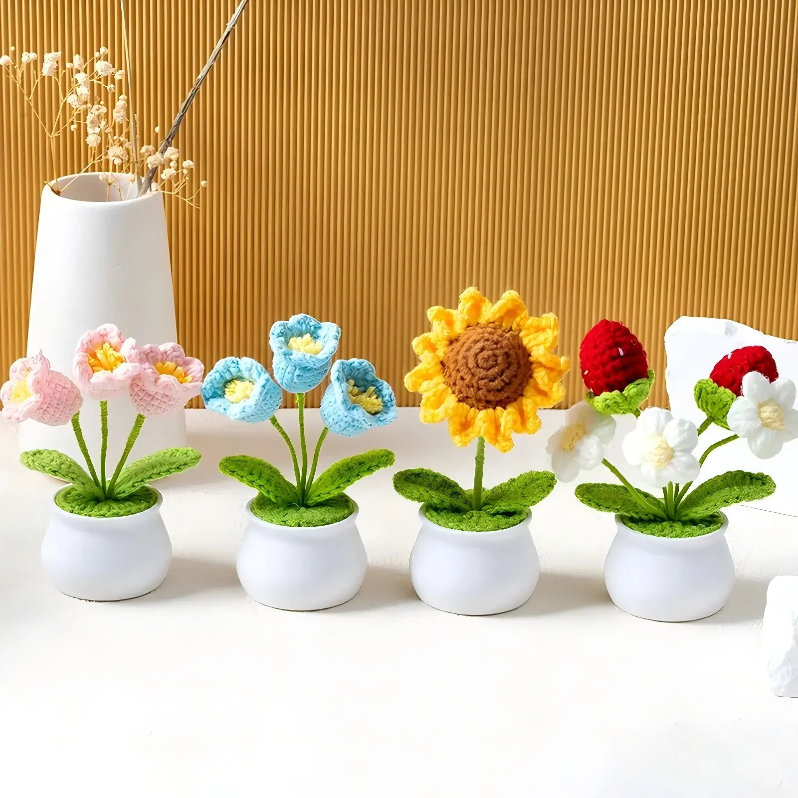 Crochet Flower Potted Plant, Handmade Knitted Tulip Sunflower, Forever Artificial Flower Desk Decor, Aesthetic Home Office Ornament, Valentine's Day Birthday Mother's Day Gift, Long-Lasting Floral Arrangement for Bedroom Living Room