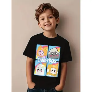 ' Black T-Shirt with LankyBox Cartoon Character Print - Soft Breathable Fabric, Relaxed Fit Short Sleeve Round Neck Casual Summer Top for Casual Attire, Machine Washable Fun Graphic Tee, Playful Design, Comfortable Material, Print Shirt, Young