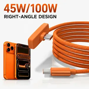 45W/100W Right Angle USB-C Cable PD Fast Charging USB-C to USB-C Cord for iPhone 15/16/17 Pro Max iPad MacBook 90 Degree Braided Gaming Charger Cable No Hand Blocking