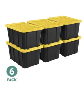 Sterilite Large Storage Bin, 27 Gallon Durable Plastic Storage Tote with Snap-On Lid, Black and Yellow, 6 Pack