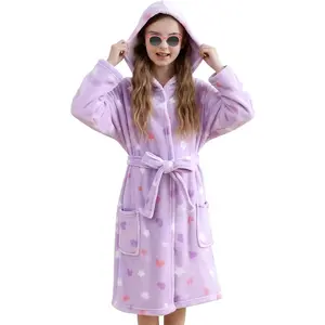 P-AD059     Girls Fleece Hooded Robe, Kids Soft Plush Warm Printed Bathrobe Sleepwear Gifts for 5-14 Years