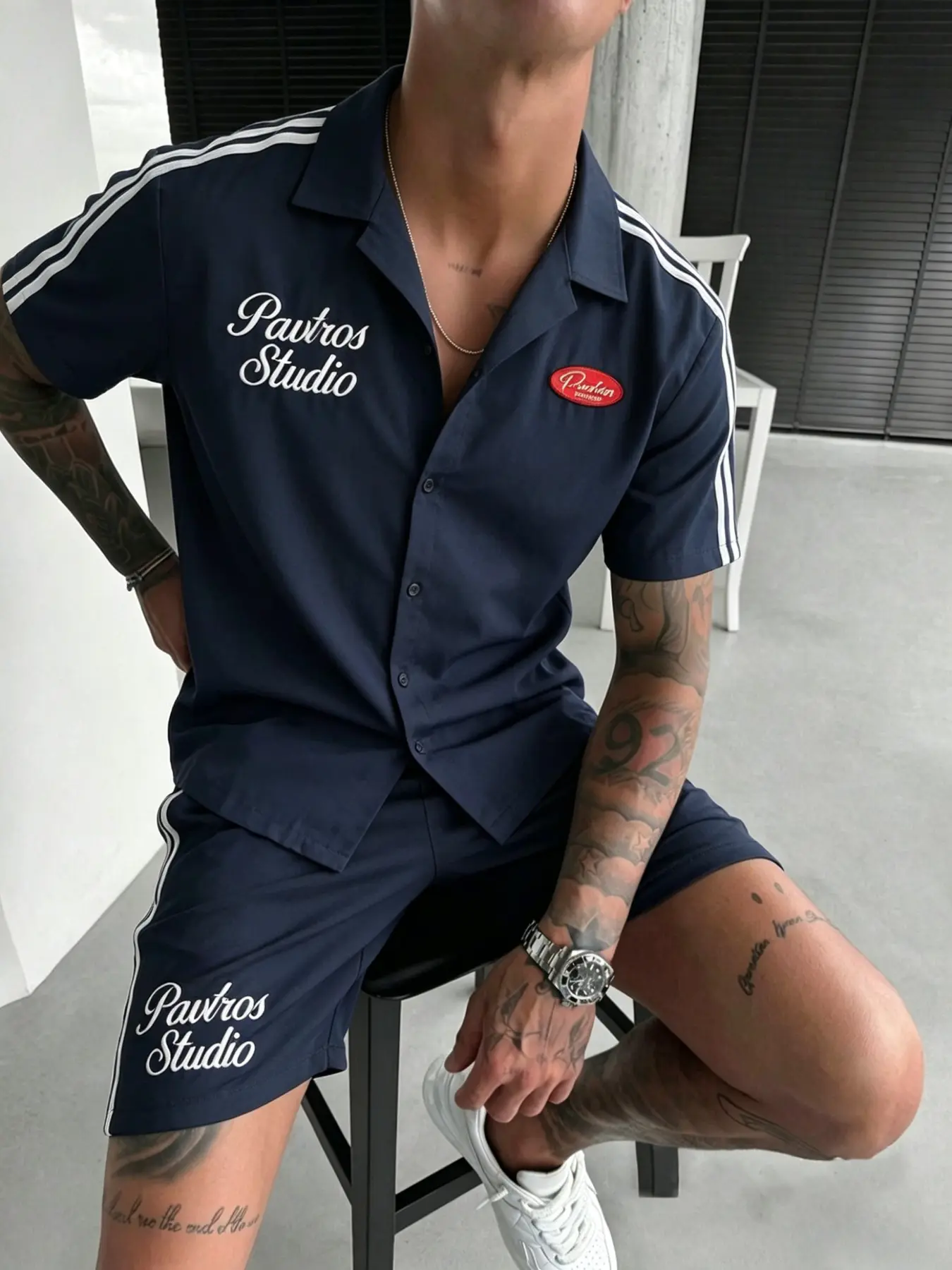 Men's 2-Piece Short Sleeve Shirt & Shorts Set, Striped Casual Tracksuit, Streetwear Co-Ord Outfit, Navy Blue Summer Matching Set, Menswear for Gen Z
