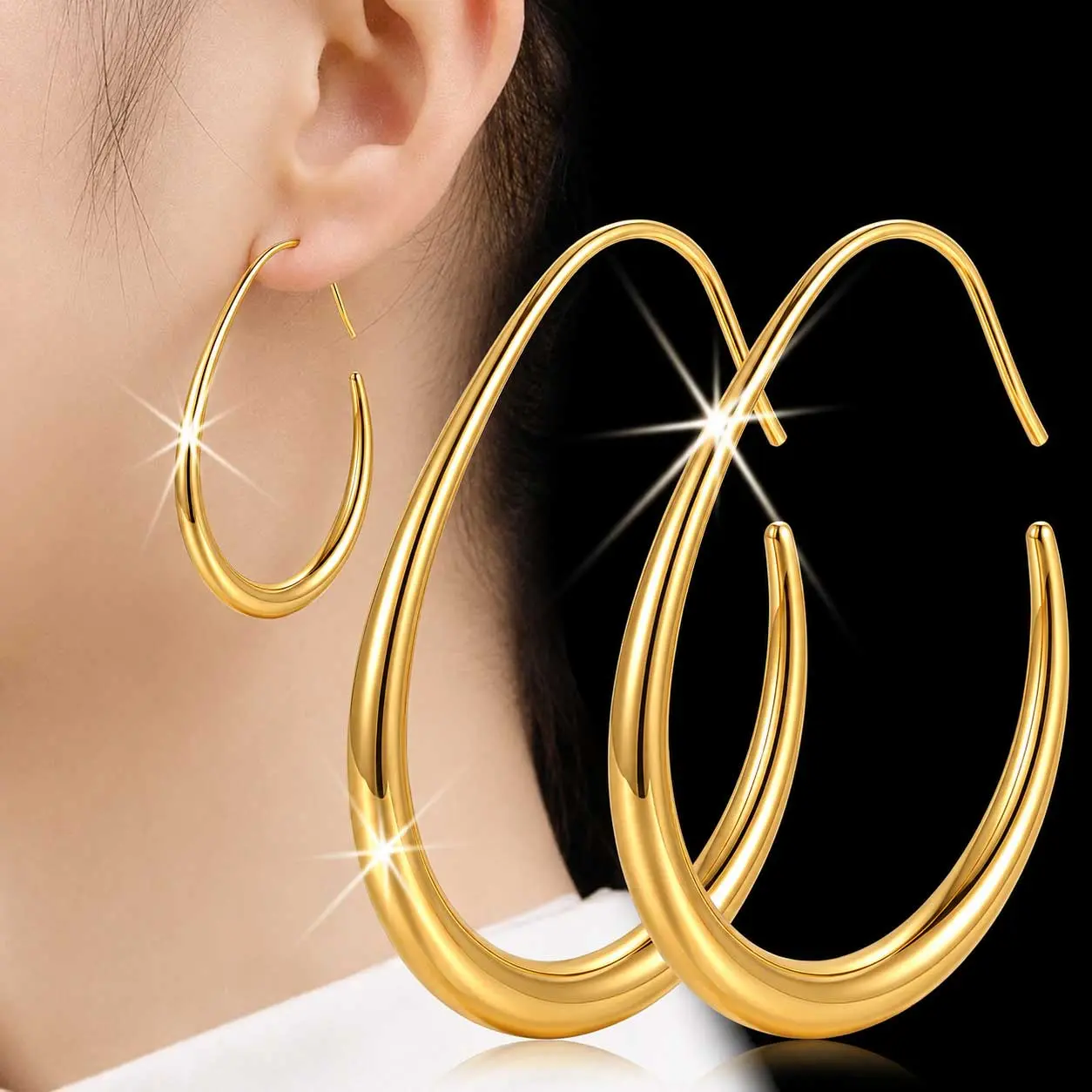 Lightweight Oval Hoop Earrings for Women, High Gloss Gold Tone Pierced Earrings, Large Statement Earring Women, Comfortable Elegant Women Earrings, Trendy Everyday Fashion Jewelry Gift