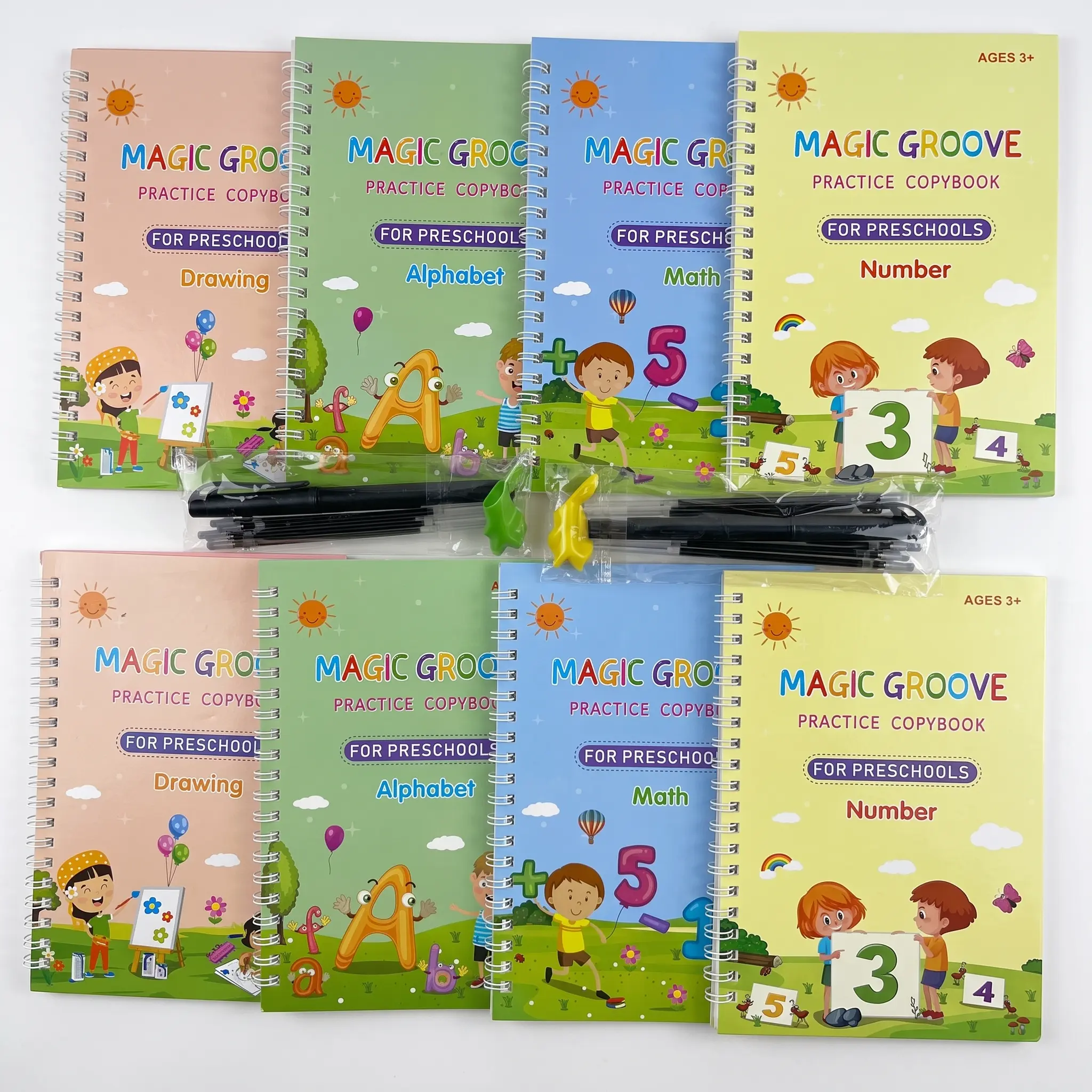 Magic Grooved Reusable Handwriting Practice Copybook Set (4 Large Pcs) with Magic Ink, Pen Holding Aids, Preschool Alphabet & Math Tracing Tools, Early Childhood Educational Supplies for Kids Ages 3-5