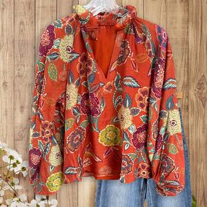 SageVell Women's Bohemian Floral Print Blouse Long Lantern Sleeve Notch Neck Top Spring Wear Medium Cotton Blend Bohemian Clothing