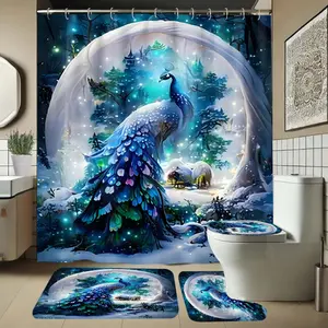 Peacock Pattern Bathroom Set, Includes Shower Curtain and Rug, Non-Slip Bath Mat, U-Shaped Toilet Lid Cover, Hooks Included, Shower Curtain Sets