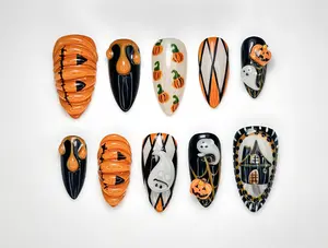 Pumpkin Halloween Press On Nails - 3D Halloween Nail Art - Handmade Ghost & Pumpkin Nails - Spooky Haunted House Nail Design
