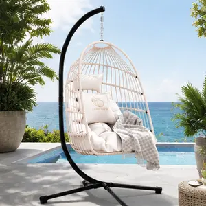 Foldable Hanging Egg Chair with Stand and Pillow, HDPE Wicker Outdoor Patio Swing Chair, Heavy Duty Aluminum-Steel Frame, 350 lbs Capacity, White, with Cushion and Headrest, for Garden Balcony, White Color Options, HDPE Material