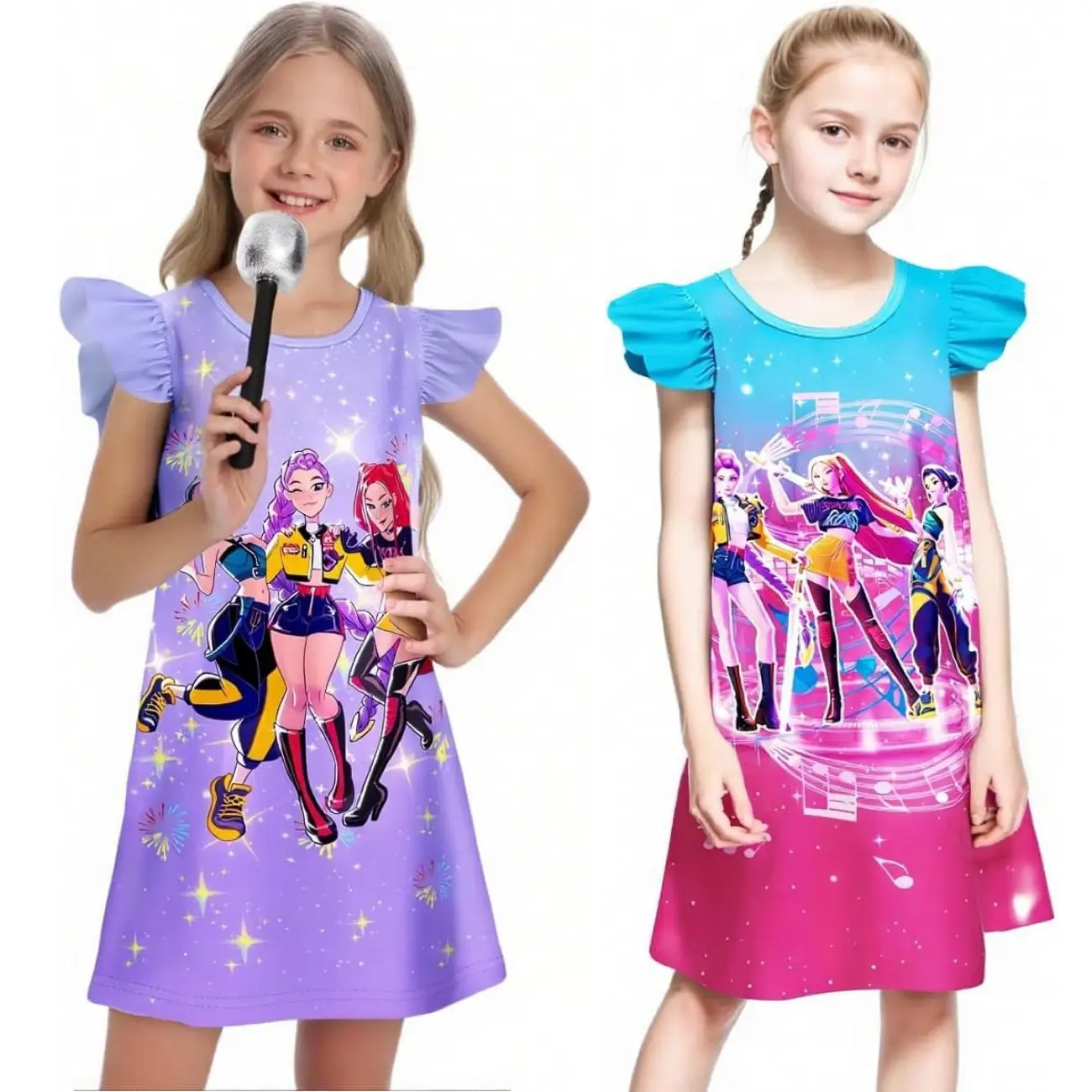 Girls KPOP Demon Hunter Huntrix Role Printed Sleeve Dress,Rumi Mira Zoey Character Design Outfits Casual Fit for Kids 4-14 Years
