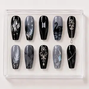 2026 Comeback KpopBTS Black Swan Press On Nails, K-Pop Arirang 3D Teardrop Holo Diamond Nails