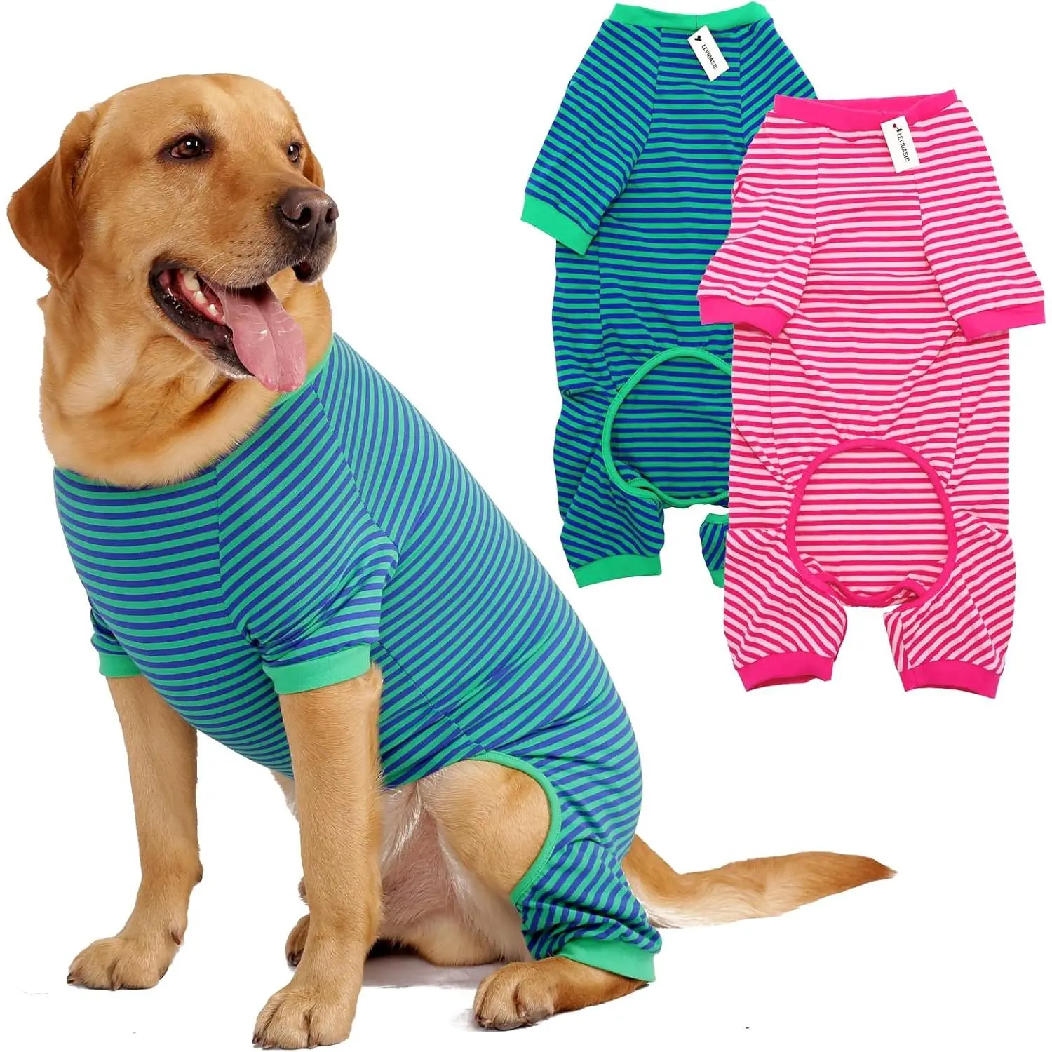 Dog Puppy 4-Leg Cotton-Striped Spandex Pajama Set, Breathable Soft 2-Count Skin Protection Outfit with Elastic Ribbons, Anxiety-Reducing Multi-Size Pet Apparel (XXS, XXL, Pink+Green) Cute Pajama Sets