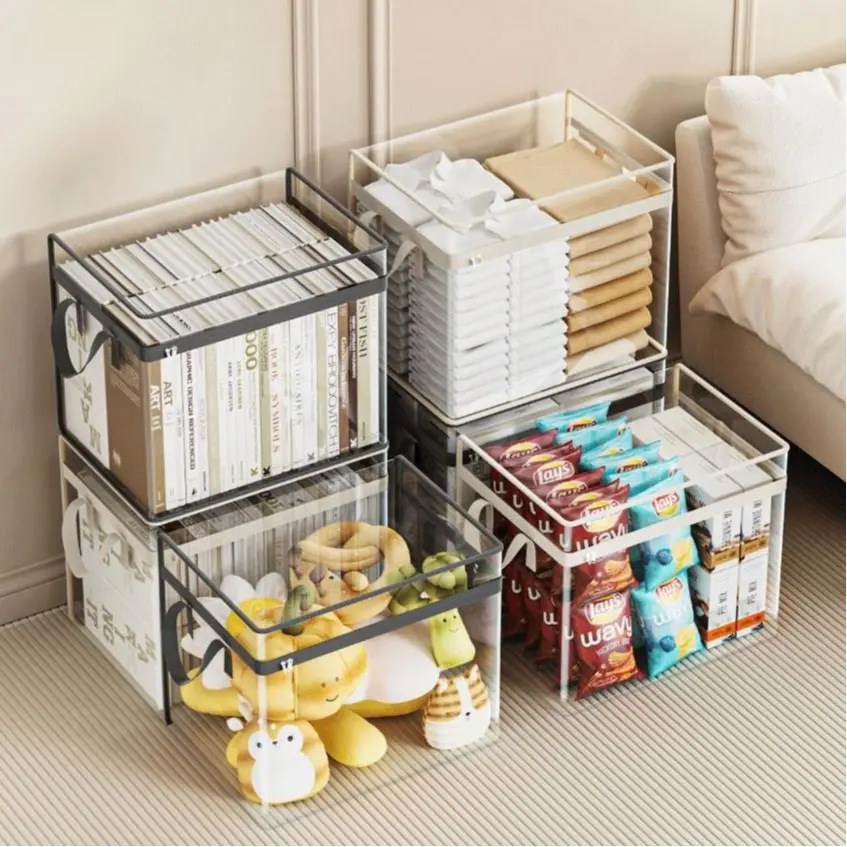 Transparent PVC Plastic Storage Holder Book Bag - Black Collapsible Organizer Box with Dual Handles, Double-Side Zipper, Dustproof, Water Proof for Bedroom Organization (2 Sizes: M/L)