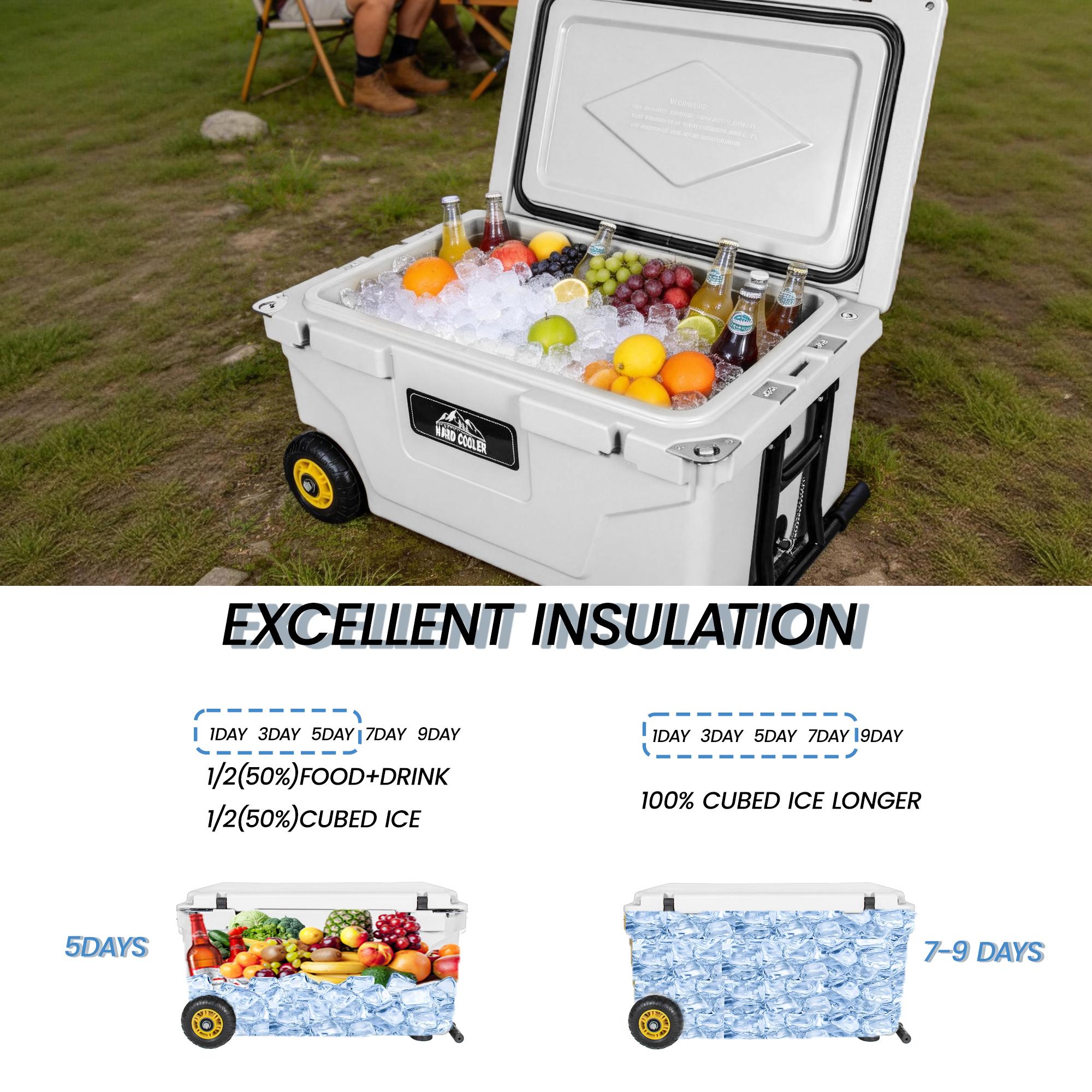 65QT Hard Cooler with Wheels with 7-Day Ice Retention，Durable LLDPE Cooler with Drain Plug & Bottle Opener，Wheels，Leak-Proof Seal,Easy to Clean,Perfect for Camping, Fishing Trips, Tailgates & Beach Days,Tailgating & Backyard BBQs
