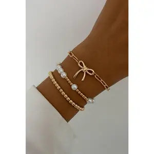 Plated Bow Chain Pearl Beading Bracelet