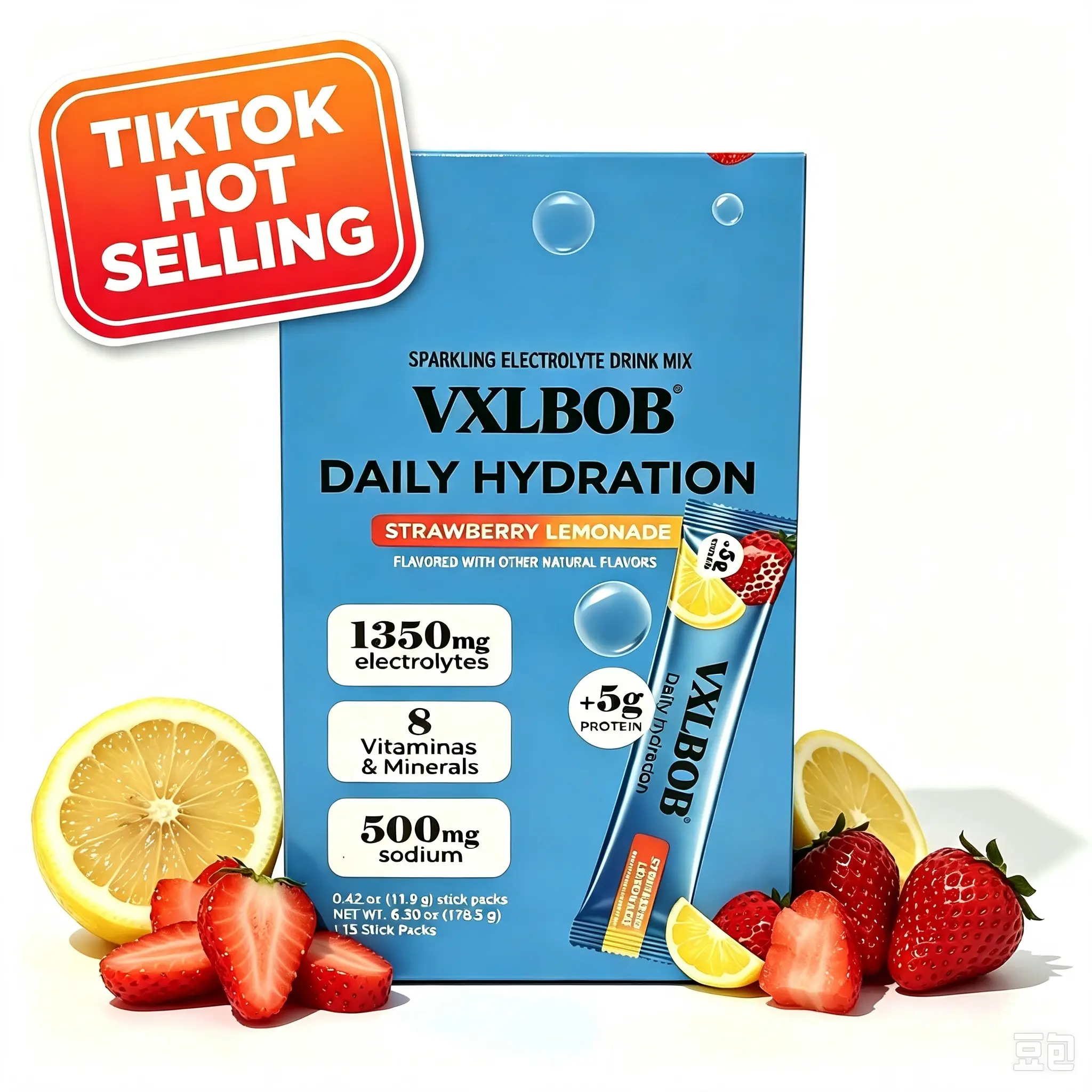 VXLBOB Daily Use Rehydration Bar (15 sticks) - 1350 mg Electrolyte, 5 g Clear Whey Protein and Collagen, 8 Key Vitamins Vitamins, Sugar Free Rehydration Enhancement Beverage Blend