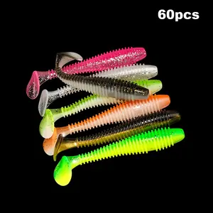 60pcs Soft Plastic Swimbaits Kit, Paddle Tail Fishing Lures Set, T-Tail Soft Worms for Bass Trout, Freshwater Saltwater Tackle
