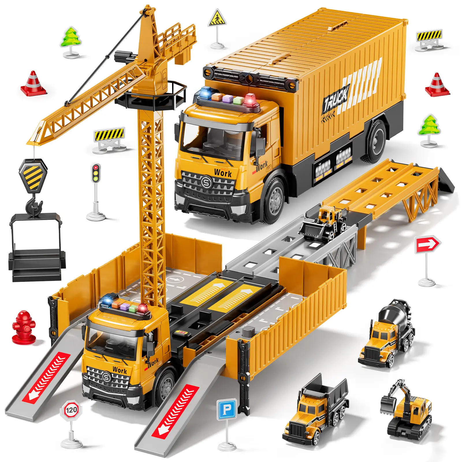 3-in-1 Unisex Remote Control Construction Vehicle Set - Excavator, Bulldozer, Dump Truck Cars, Rechargeable Electric Toys with Realistic Sounds/Lights, Simple Controls, Science Learning Toy for 3-4 Years Old Kids