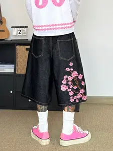 American High Street Sakura Embroidered Floral Wide-Leg Denim Shorts, Retro Washed Vintage Straight-Cut Cropped Pants, Street Style Essential