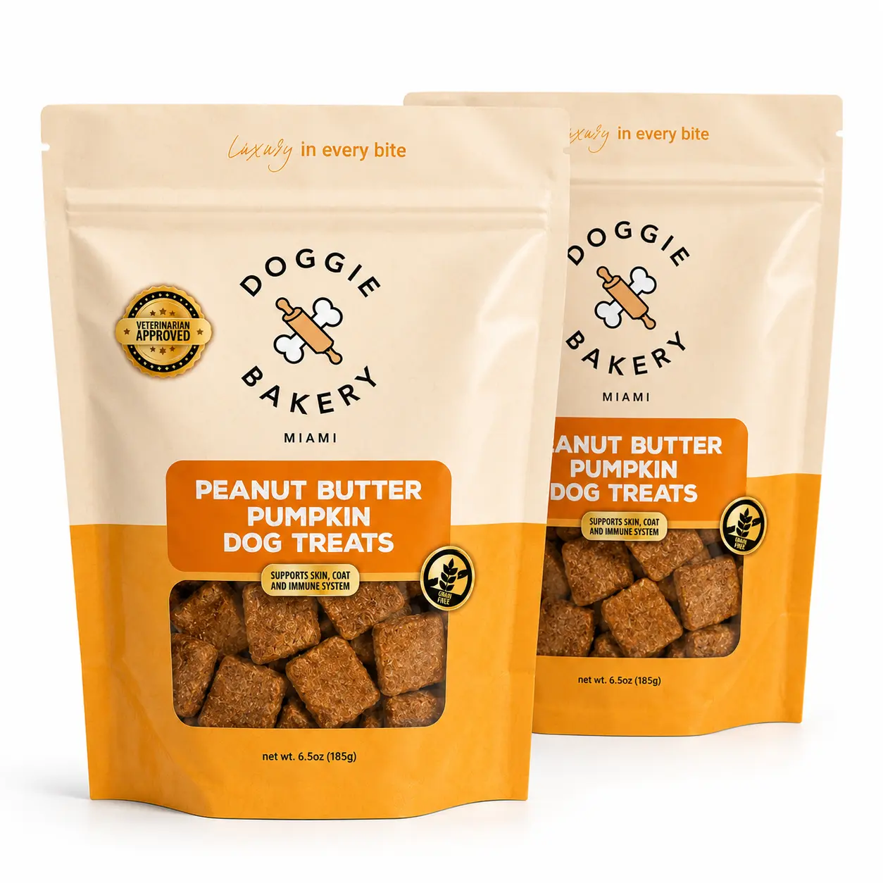 Doggie Bakery 2-Pack | Peanut Butter & Pumpkin Dog Treats – Vet Approved, Xylitol-Free, Made in USA | Natural Skin & Immune Support Biscuits for Dogs