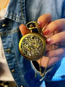 Vintage Bronze Flower Bird Hollow-Out Pocket Watch, Intricate Carving, Chain Pendant Design, Quartz Movement, Unisex, Retro Style