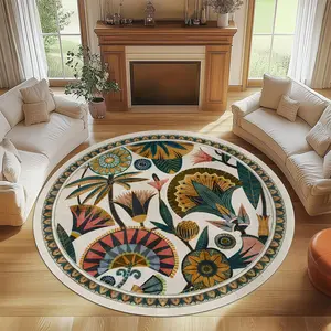 Round Vintage Ethnic Style, Non-slip Washable Floor Mat, Decorative Carpet for Home Living Room Bedroom Hotel Dining Room, Bohemian Style Rugs