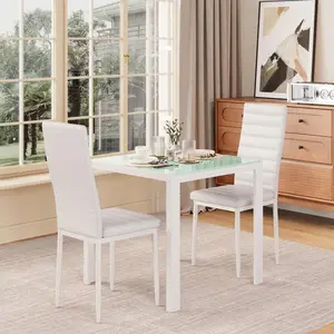 3 Piece Glass Dining Table Set, Kitchen And Chairs For 2, PU Leather Modern Room Sets For Home, Kitchen, Living Room White Door Wardrobe Versatile Square Air Fryer with Window