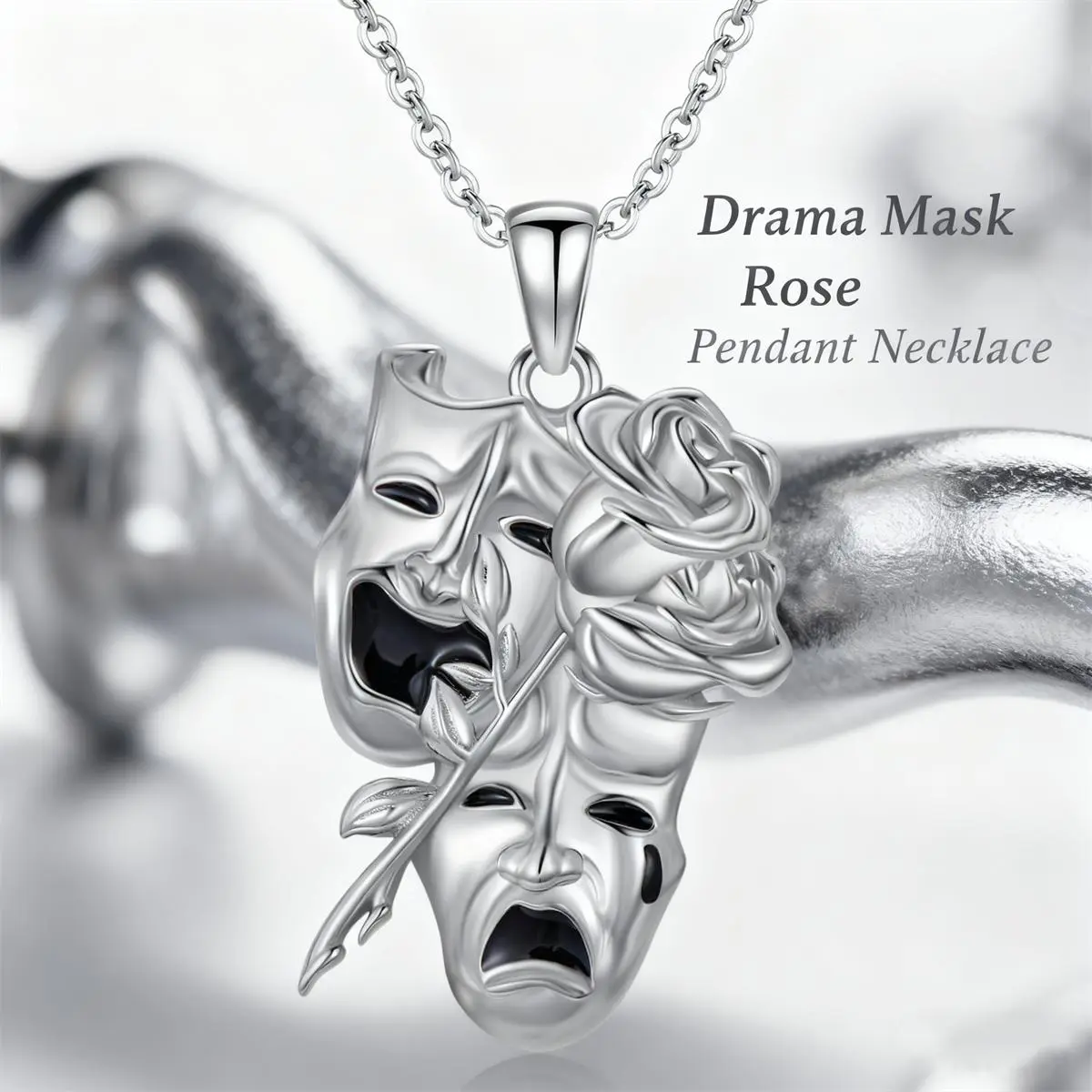 Women’s Creative Personalized Dual Masks Comedy-Tragedy Pendant Necklace with Discoloration-Resistant Stainless Steel Chain, Rose-Adorned Casual Daily Costume Jewelry, Meaningful Birthday Gift for Friends, Comedy-Tragedy Mask, Christmas, Adjustable Neckla