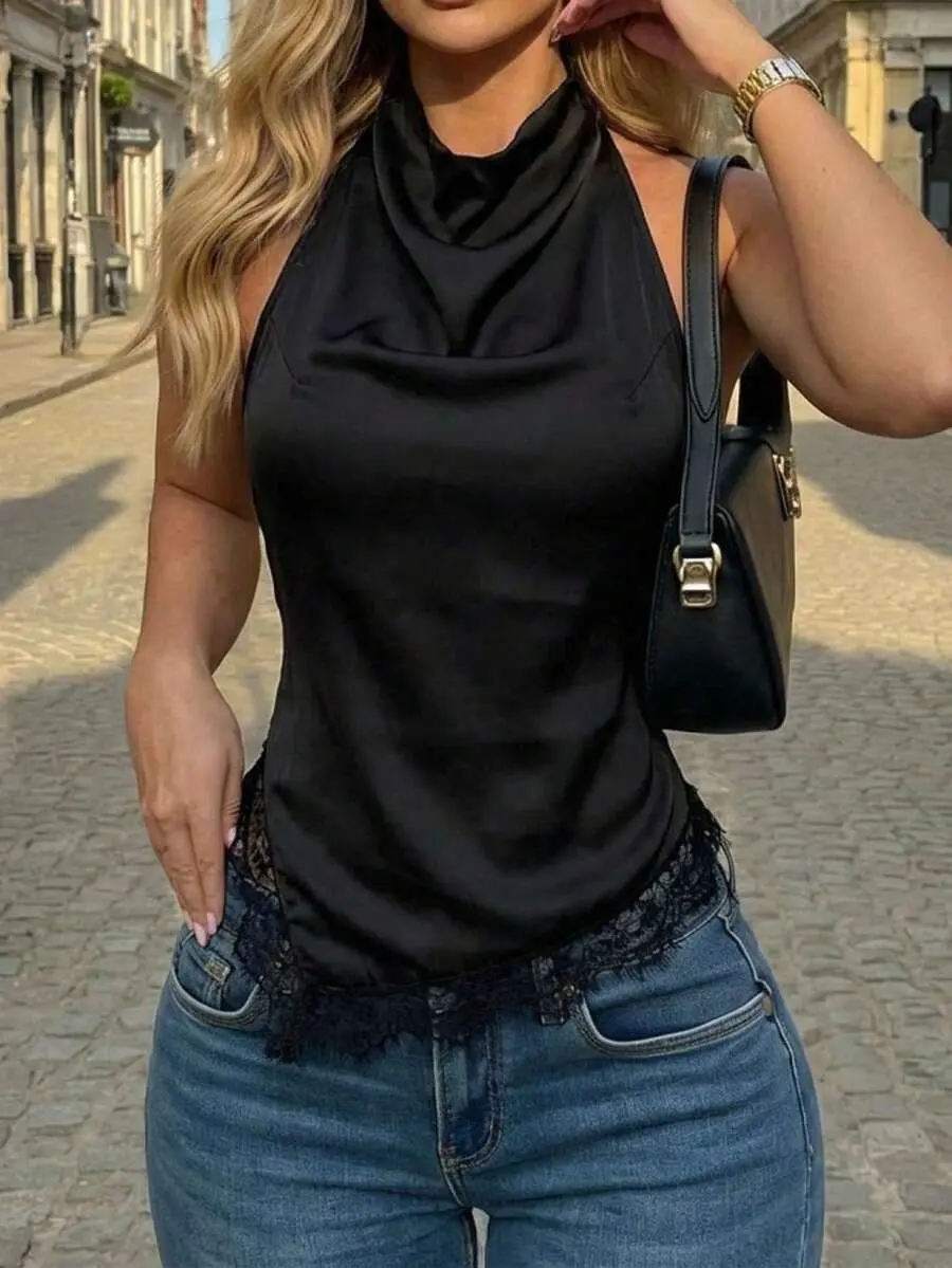 Women's Satin Halter Top Cowl Neck Lace Hem Backless Elegant Going Out Blouse Office Date Night Summer Tank Top