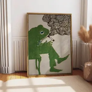 [Sale Up To 50%][No frame, Free Ship] Frog Smoking a Cigarette Vintage Poster Art Retro Whimsical Print Funny Animal Wall Decor Poster for Bar Cart Quirky Kitchen Wall Art