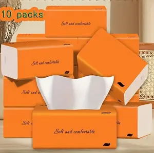 Facial Tissues in Orange Packaging, 4 Layers, 10 Packs, Weighing 1.54 LB. These Soft Tissues Are Suitable for Both Dry And Wet Use, Ideal for Dining And Hotel Settings, And Come in Reasonably Priced Napkin Packaging with Thick Wood Material.