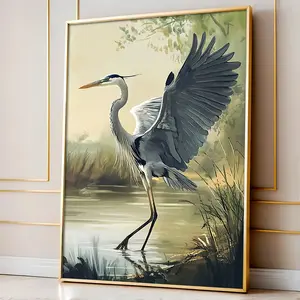 Elegant Blue Heron Canvas Art, Vintage Simple Wall Decor, Vertical Bird Illustration, Perfect for Living Room Bedroom Office Decoration