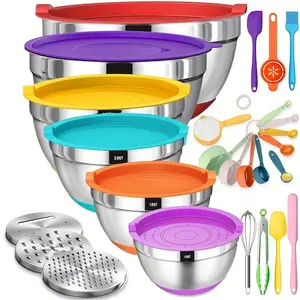 Mixing Bowls with Airtight Lids, 26pcs Stainless Steel Bowls Set, 3 Grater Attachments & Black Non-Slip Bottoms Size 7, 4, 2.5, 2.0, 1.5, 1QT, Great for Mixing & Serving