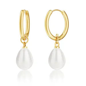 Tewiky 14K Gold Plated Pearl Dangle Earrings for Women, 14K Gold Plated Small Pearl Drop Huggie Hoop Earrings, Hypoallergenic Dainty Gold Earrings Wedding Jewelry Gifts for Women Trendy For Valentine's Day gifts