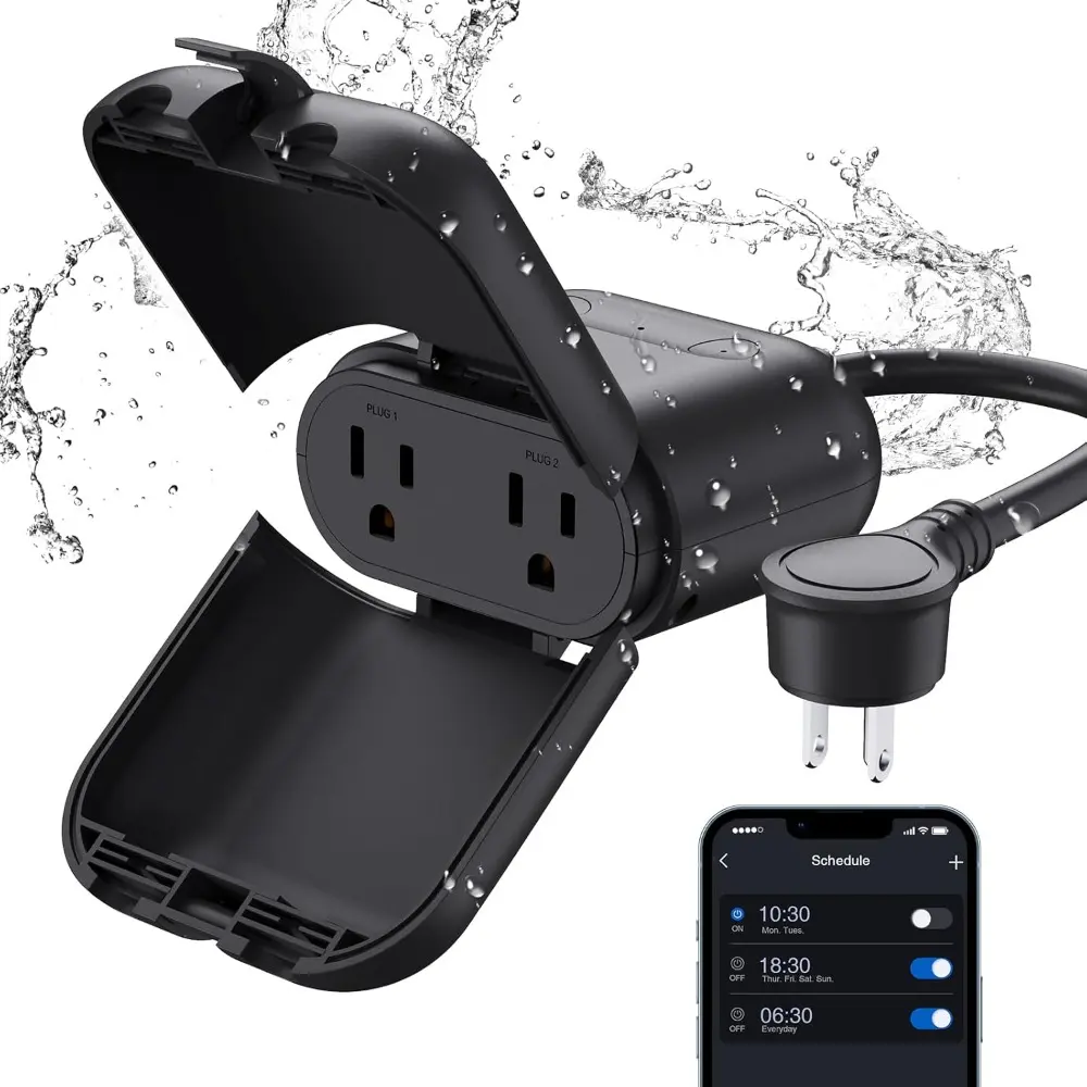 Black Outdoor Smart Plug (1 Pack) - IP66 Waterproof WiFi Plug, UL Certified, 2 Individual Sockets, Compatible with Alexa & Google Assistant, for String Lights (Home Supplies), 2 Sockets
