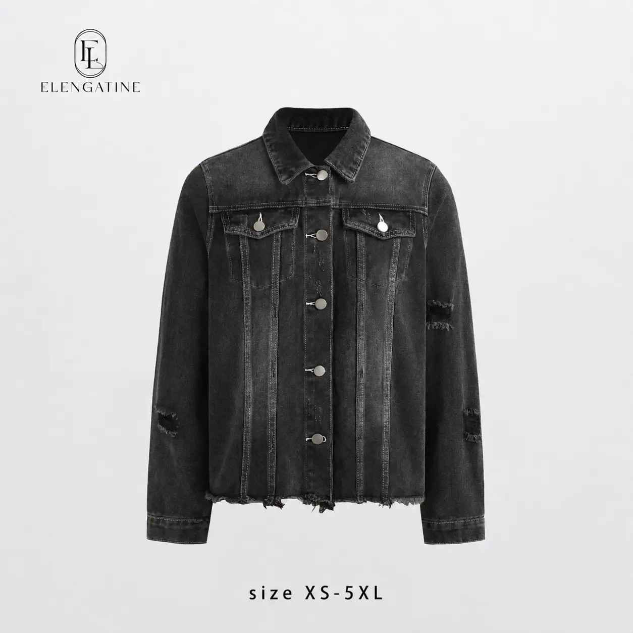 Elengatine Women's Casual Non-Stretch Distressed Ripped Boyfriend Washed Denim Jacket - Lapel, Long Sleeve, Polyester Fabric, Streetwear Bohemian Style, Spring Winter Outwear Tops 2026 Womenswear